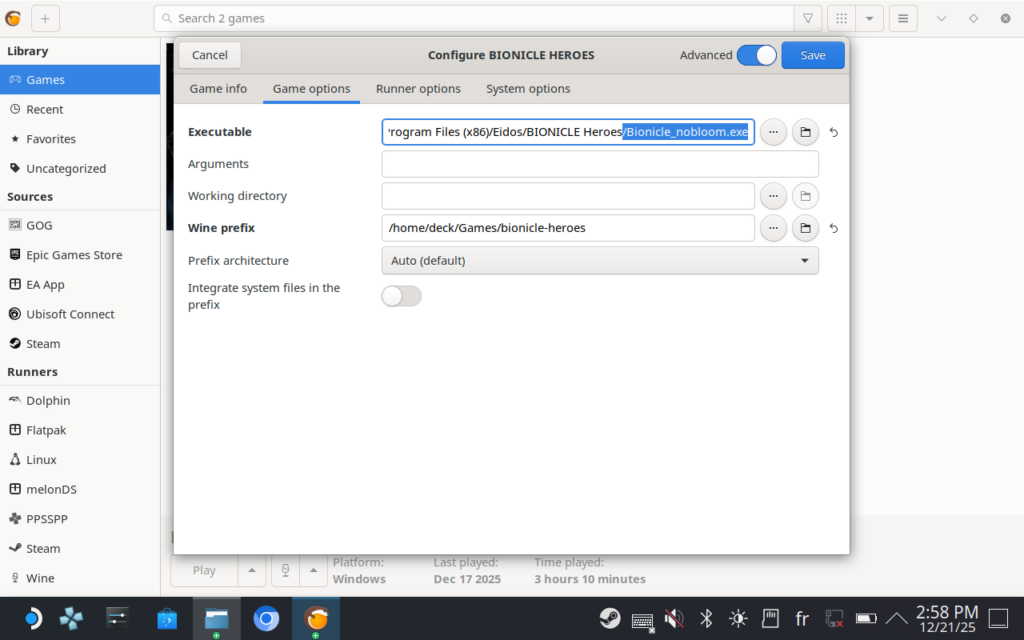 Capture d'écran de Lutris pour modifier l'exécutable