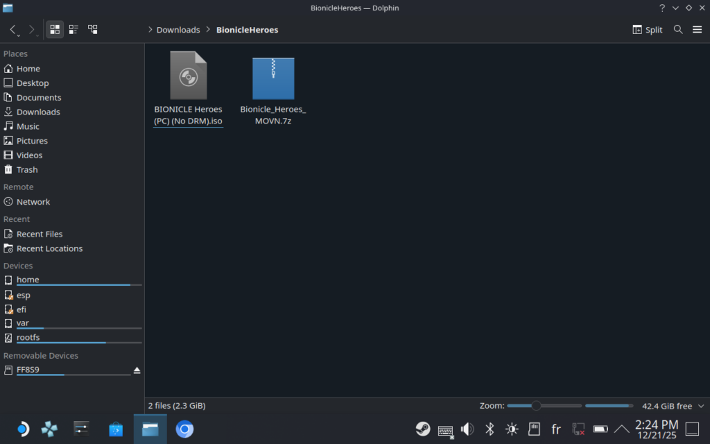 Une capture d'écran montrant un dossier de téléchargement comprenant l'archive Bionicle Heroes téléchargée