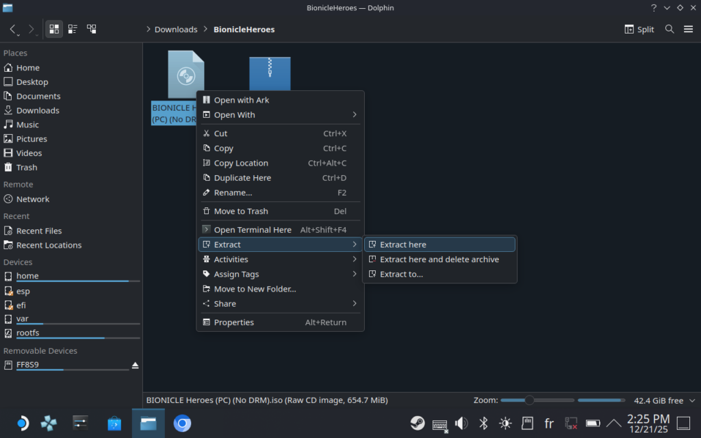 Capture d'écran montrant les étapes à faire pour extraire l'archive du jeu