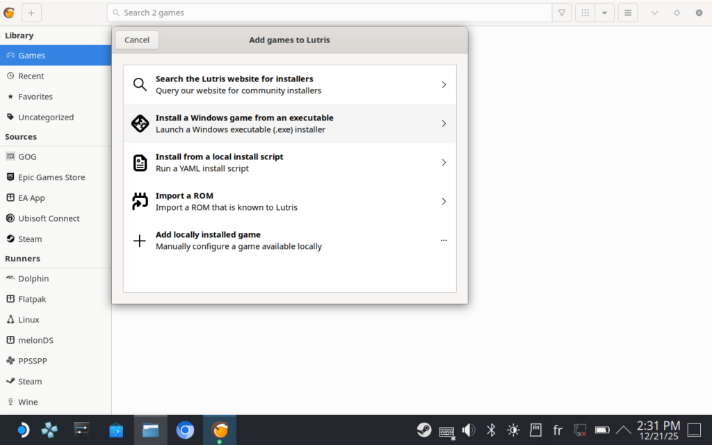 Capture d'écran de Lutris pour l'ajout d'un exécutable