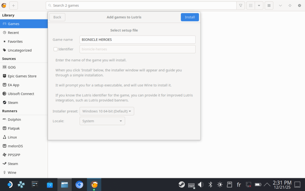 Capture d'écran de l'écran de configuration de l'exécutable Lutris.
