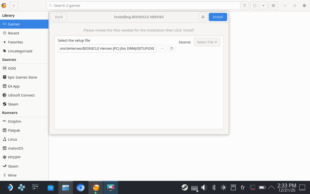 Capture d'écran de Lutris lors de la configuration du fichier setup.exe