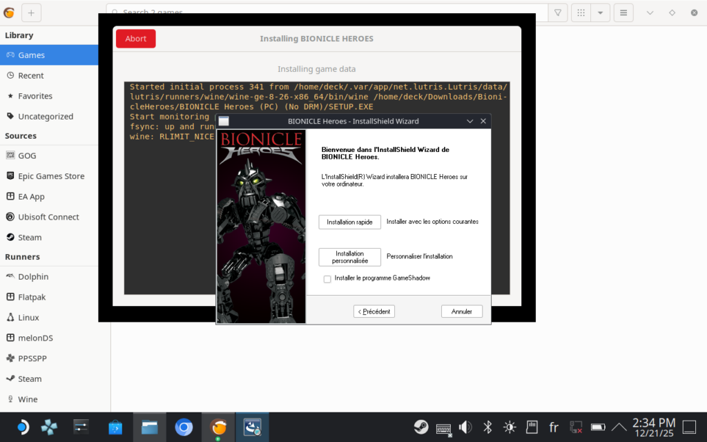 Capture d'écran de l'écran d'installation de BIONICLE Heroes