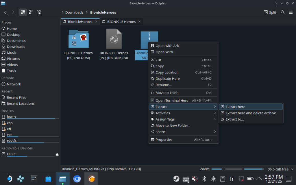 Capture d'écran montrant l'extraction du mod